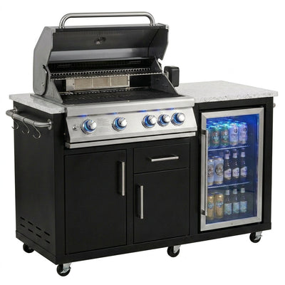 Outdoor Kitchen Island Built for Premium Grilling, 70" Black Stainless Steel, Built-in Refrigerator, 4-Burner Grill
