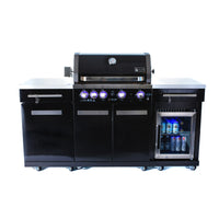 Outdoor Kitchen Island Built for Premium Grilling, 70" Black Stainless Steel, Built-in Refrigerator, 4-Burner Grill
