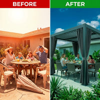 12X20 Louvered Pergola,Dark Grey Aluminum Frame with Adjustable Rainproof Roof, Featuring Waterproof Curtains and Nets — Before & After