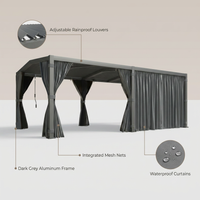 12X20 Louvered Pergola,Dark Grey Aluminum Frame with Adjustable Rainproof Roof, Featuring Waterproof Curtains and Nets — infographic