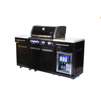 Outdoor Kitchen Island Built for Premium Grilling, 70" Black Stainless Steel, Built-in Refrigerator, 4-Burner Grill
