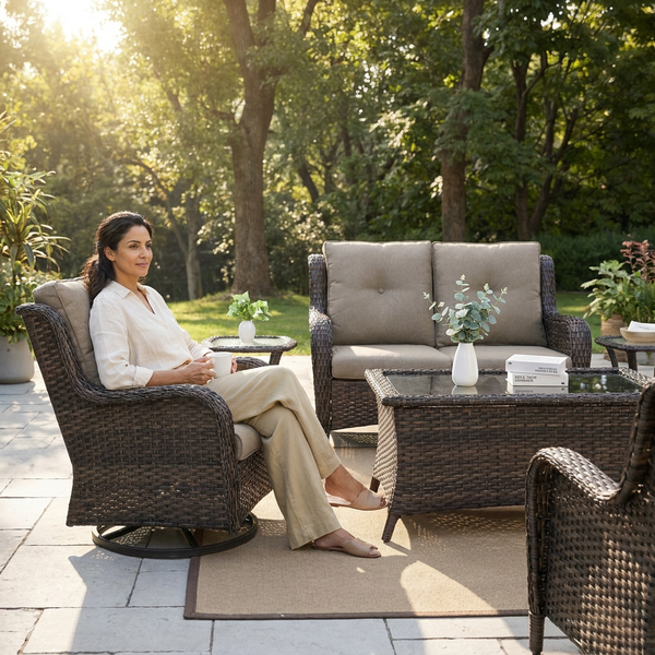 Patio Furniture Set Built for Year-Round Comfort, 8 Pieces, Swivel Rocking Chairs, Wicker Construction