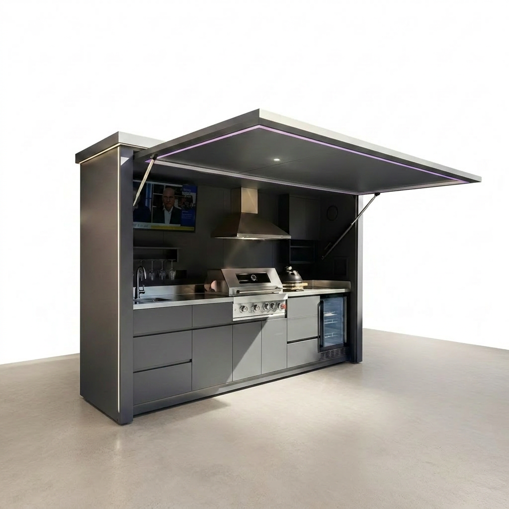 Customized Multi Functional Outdoor Kitchen BBQ Pod with Shelter Moisture Resistant Stainless Steel Outdoor Kitchen Patio Shed — Studio Shot
