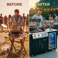 Outdoor Kitchen Island Built for Premium Grilling, 70" Black Stainless Steel, Built-in Refrigerator, 4-Burner Grill — Before & After