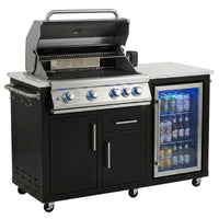 Outdoor Kitchen Island Built for Premium Grilling, 70" Black Stainless Steel, Built-in Refrigerator, 4-Burner Grill — Studio Shot