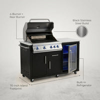 Outdoor Kitchen Island Built for Premium Grilling, 70" Black Stainless Steel, Built-in Refrigerator, 4-Burner Grill — infographic