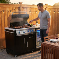 Outdoor Kitchen Island Built for Premium Grilling, 70" Black Stainless Steel, Built-in Refrigerator, 4-Burner Grill — Lifestyle