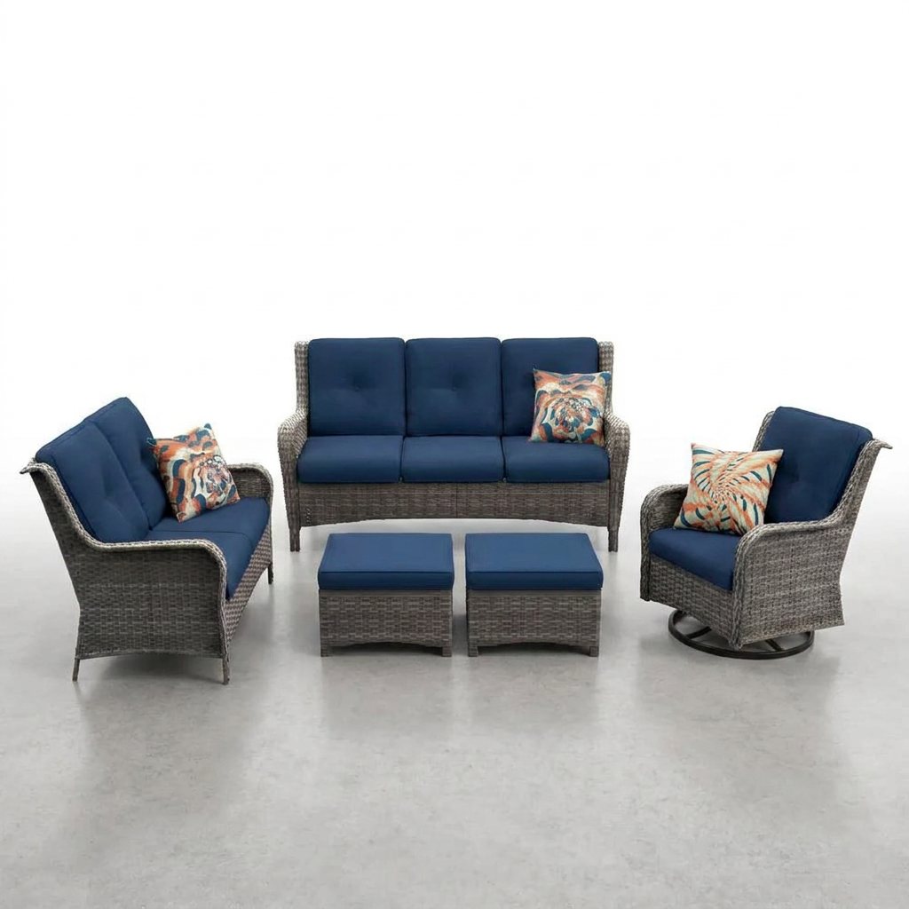 Patio Furniture Set 6-Piece Outdoor Patio Conversation Set with Blue Cushions Lawn Furniture — Studio Shot