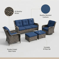 Patio Furniture Set 6-Piece Outdoor Patio Conversation Set with Blue Cushions Lawn Furniture — infographic