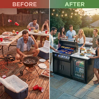 Premium 70" Black Stainless Steel Outdoor Kitchen Island with Refrigerator + 32"W 4-Burner BBQ Grill with Rear Burner — Before & After