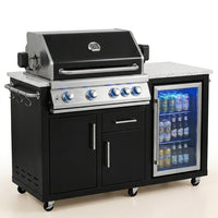 Premium 70" Black Stainless Steel Outdoor Kitchen Island with Refrigerator + 32"W 4-Burner BBQ Grill with Rear Burner — Studio Shot