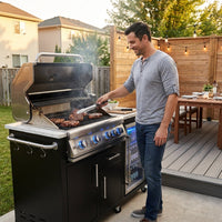 Premium 70" Black Stainless Steel Outdoor Kitchen Island with Refrigerator + 32"W 4-Burner BBQ Grill with Rear Burner — Lifestyle